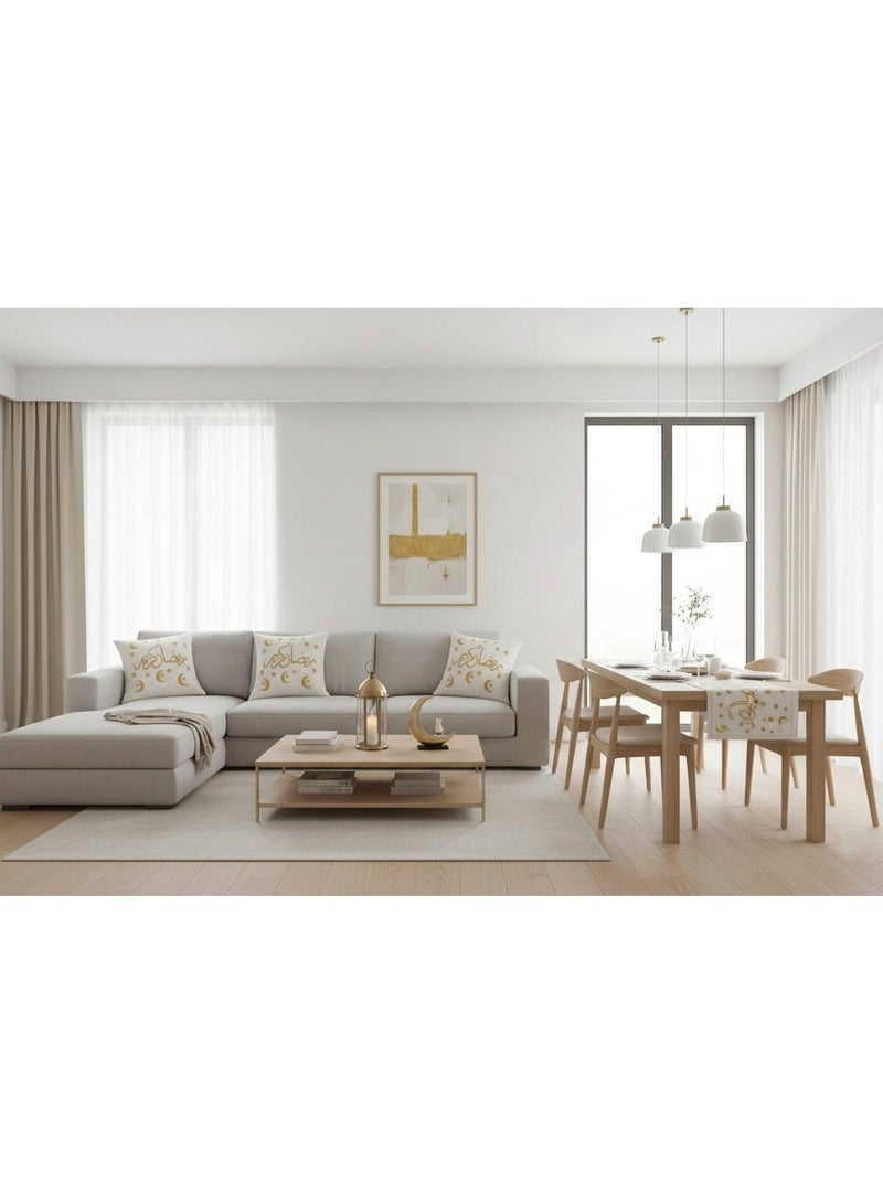 طقم مفرش طاولة رمضاني من الكتان مع وسادتين مزخرفتين مطرزتين بالذهب، مناسب لغرفة المعيشة، طاولة الكنبة، وحدة التحكم. ديكور منزلي بسيط ودافئ، مناسب للموسم. مقاس المفرش 150 × 45 سم، ومقاس الوسائد 45 × 45 سم. - Image 3